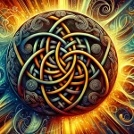 Una imagen visualmente impactante del nudo celta Dara, centrado en un formato ancho de proporción 2:1. El diseño presenta bucles y espirales intrincados, simbolizando complejidad, interconexión y eternidad, contra un fondo dinámico y contrastante que realza el atractivo visual del nudo.