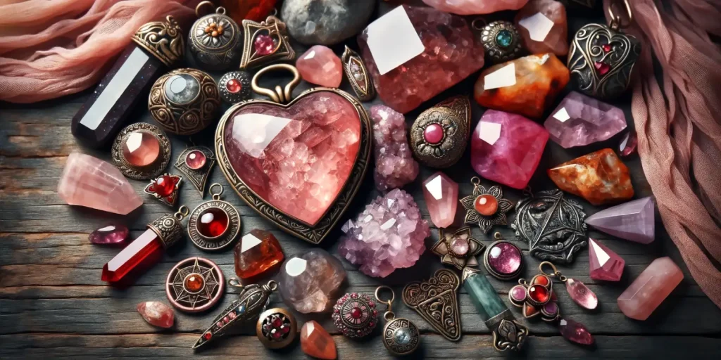 Una colección de amuletos y minerales asociados con el amor y la buena suerte, incluyendo cuarzos rosas y símbolos tallados en metales preciosos, dispuestos armoniosamente sobre un fondo suave. La imagen, libre de motivos florales, destila una atmósfera de encanto y misterio, reflejando la profunda conexión entre el amor y la fortuna a través de elementos cuidadosamente seleccionados para inspirar y embellecer.
