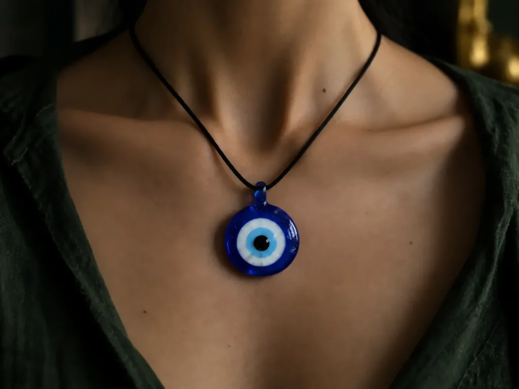 Amuleto turco nazar boncuğu de cristal azul colgado de un cordón negro sobre la clavícula de una mujer
